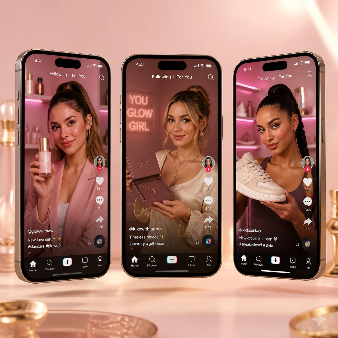 Composição de smartphones exibindo vídeos verticais com produtos de beleza, joias e calçados
